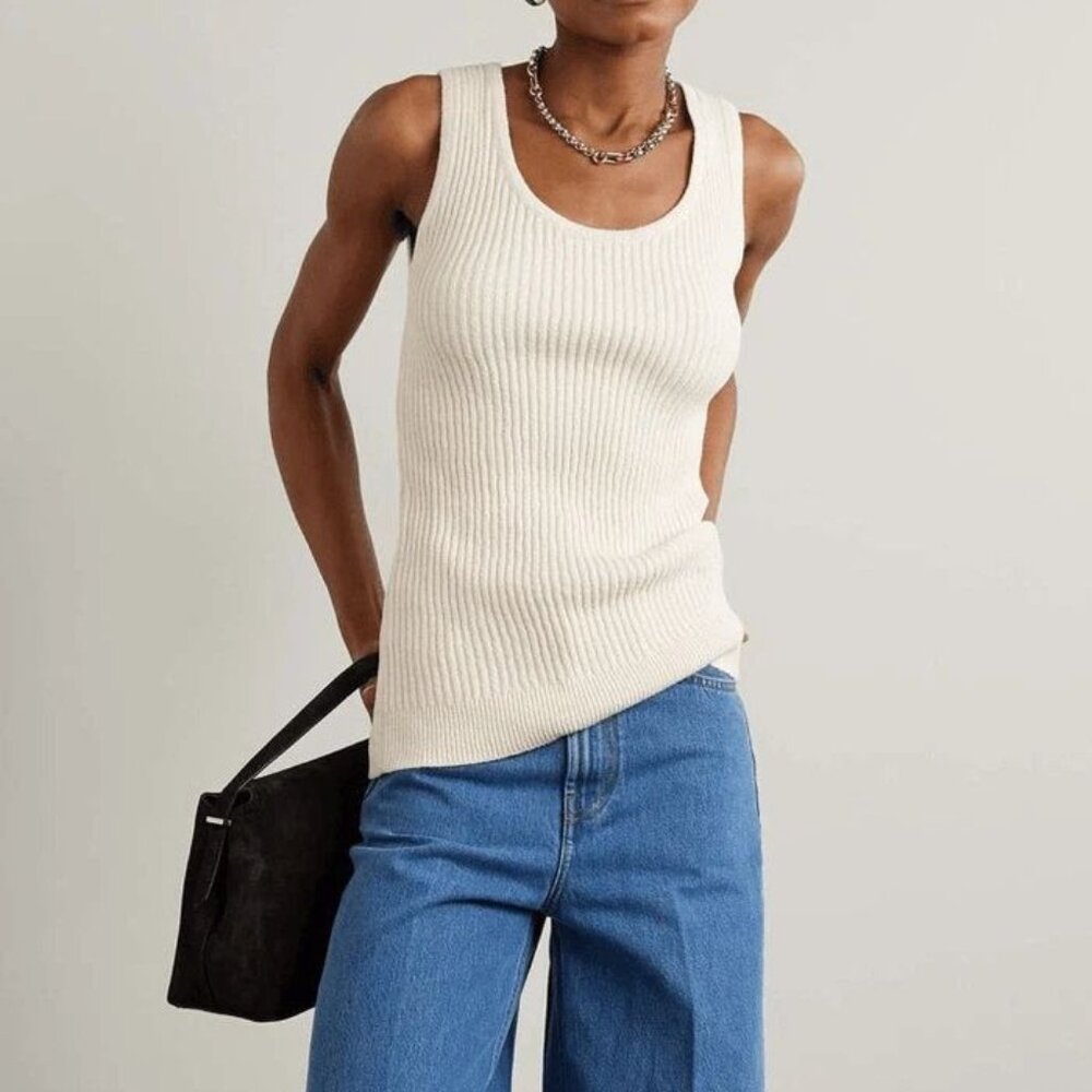 TOTEME Ribbed Bouclé-knit Cotton-blend Sweater Tank Ecru